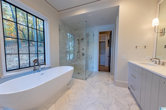 bathroom featuring vanity, ornamental molding, and separate shower and tub