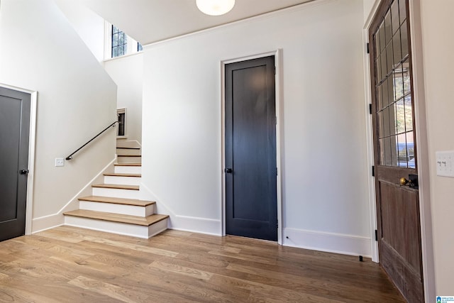 foyer with light hardwood / wood-style floors and crown molding