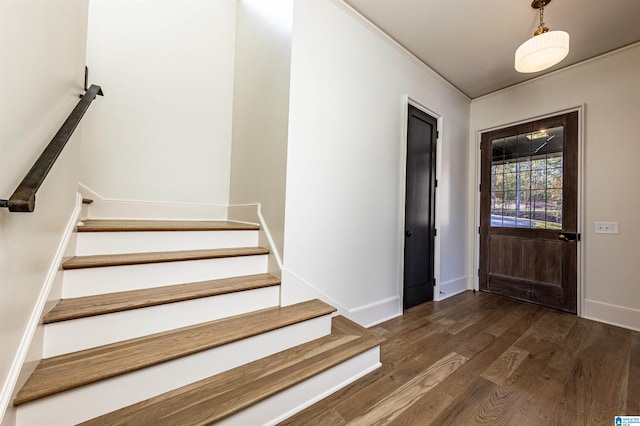 entrance foyer featuring dark wood-type flooring and ornamental molding