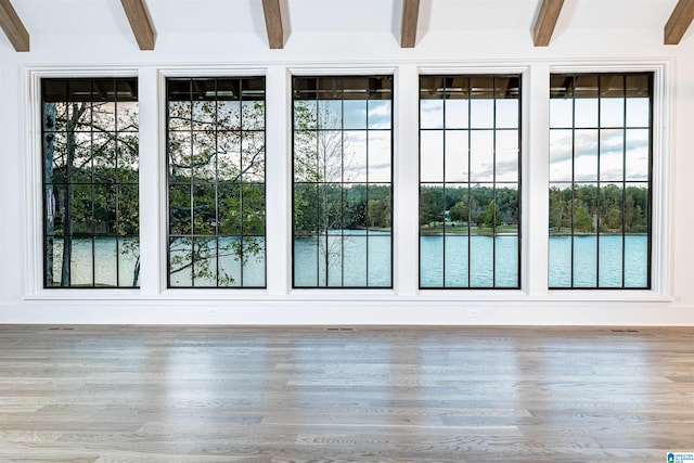 doorway to outside with hardwood / wood-style floors, a wealth of natural light, and beam ceiling