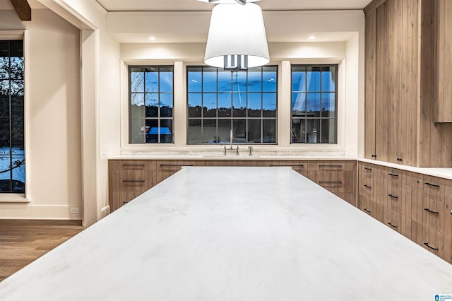 kitchen with dark hardwood / wood-style floors, sink, and pendant lighting