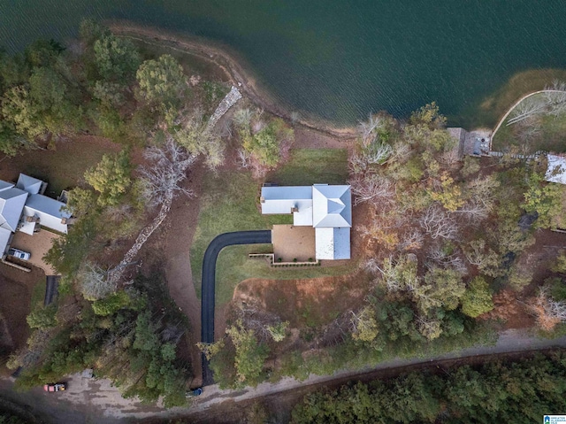 bird's eye view with a water view