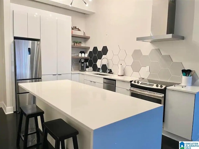 2327 Morris Ave Unit 2C, Birmingham, AL 35203 - kitchen with wall chimney range hood, stainless steel appliances, open shelves, modern cabinets, and decorative backsplash
