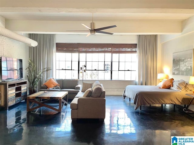 bedroom featuring ceiling fan, beamed ceiling, and multiple windows