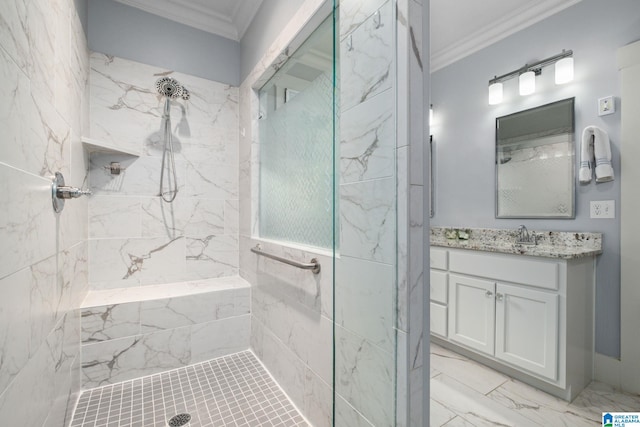 bathroom featuring a tile shower, crown molding, and vanity