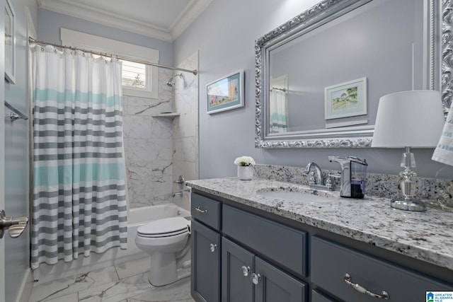 full bathroom featuring vanity, toilet, crown molding, and shower / tub combo