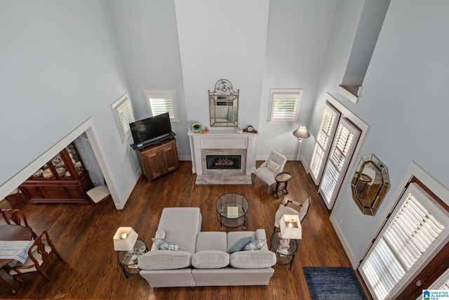 living room featuring a high ceiling, dark hardwood / wood-style floors, and a healthy amount of sunlight