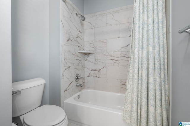 bathroom featuring toilet and shower / bathtub combination with curtain