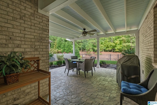 view of patio / terrace featuring ceiling fan and grilling area