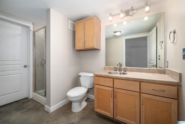 bathroom featuring a shower with door, concrete floors, vanity, and toilet