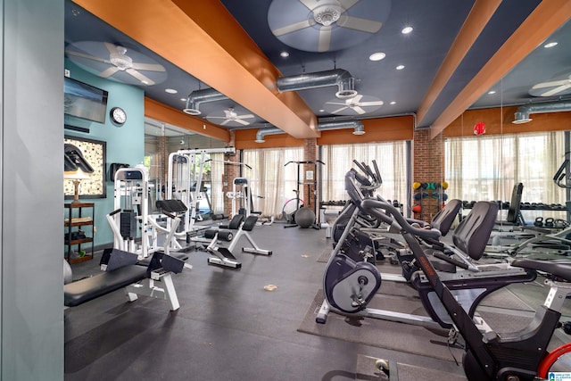 exercise room featuring ceiling fan