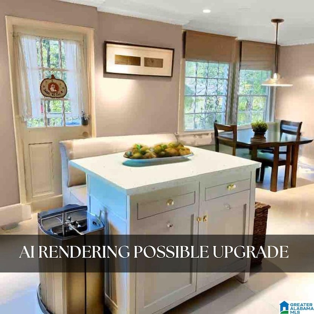 kitchen with pendant lighting and white cabinets