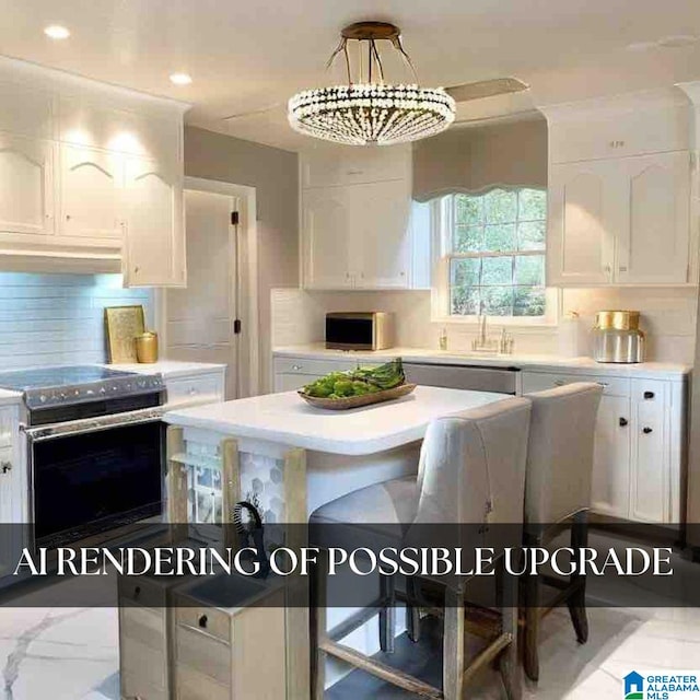 kitchen with white cabinetry, black range with electric cooktop, decorative light fixtures, and backsplash