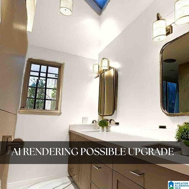 bathroom featuring vaulted ceiling with skylight and vanity