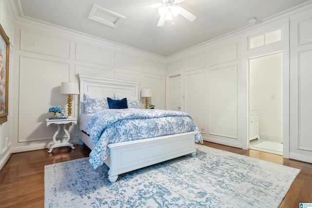 bedroom with ceiling fan, hardwood / wood-style flooring, and ornamental molding