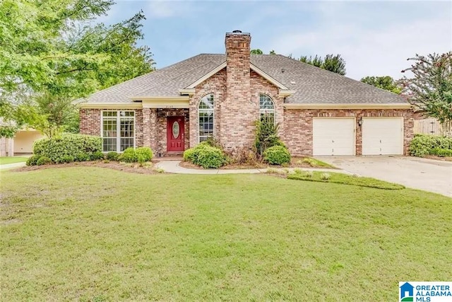 view of front of home featuring a front lawn and a garage