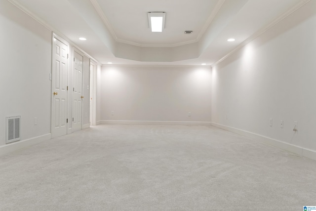 carpeted spare room featuring ornamental molding and a raised ceiling