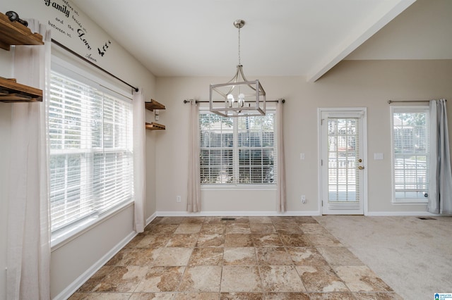 unfurnished dining area featuring light carpet and a notable chandelier