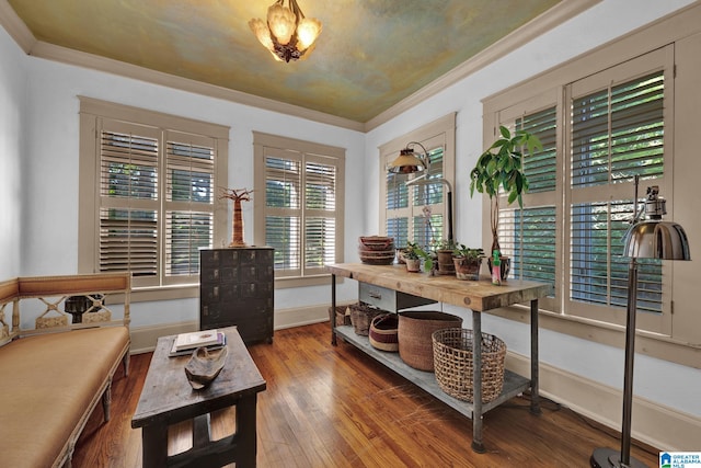 office area with ornamental molding and wood-type flooring