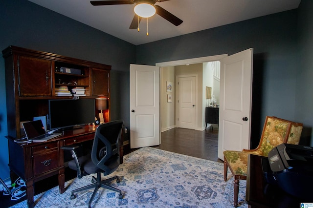 home office with hardwood / wood-style flooring and ceiling fan