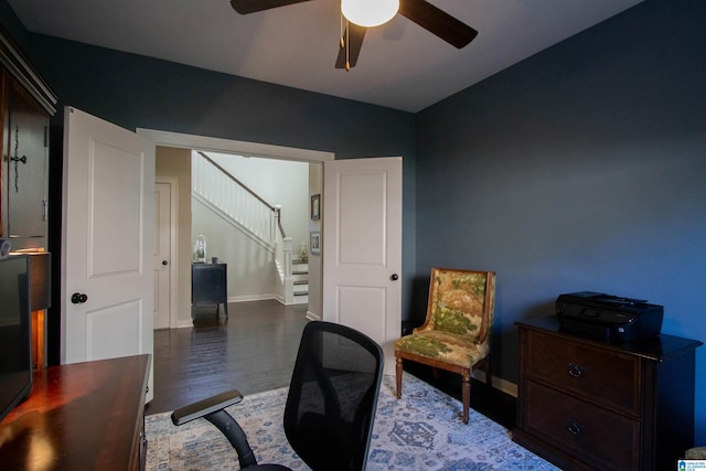 office space with dark hardwood / wood-style floors, vaulted ceiling, and ceiling fan