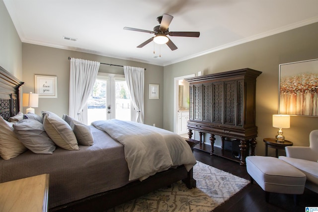 bedroom featuring french doors, dark hardwood / wood-style floors, access to outside, crown molding, and ceiling fan