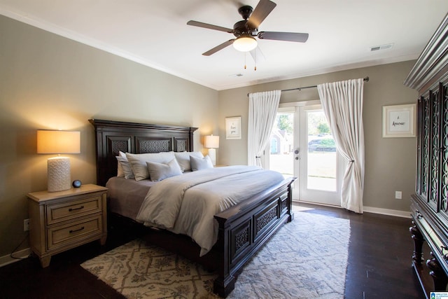 bedroom featuring ornamental molding, dark wood-type flooring, access to outside, and ceiling fan