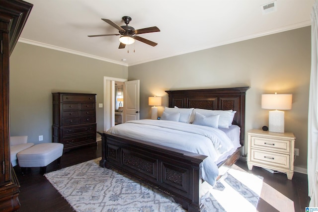 bedroom featuring ceiling fan, ornamental molding, and hardwood / wood-style floors