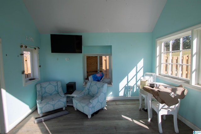 sitting room featuring wood-type flooring and lofted ceiling