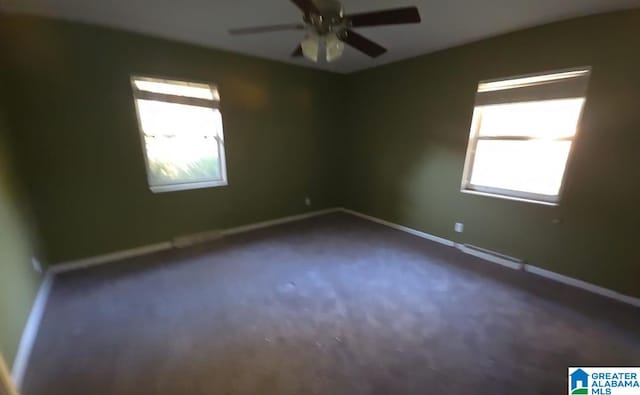 carpeted spare room with ceiling fan and a wealth of natural light