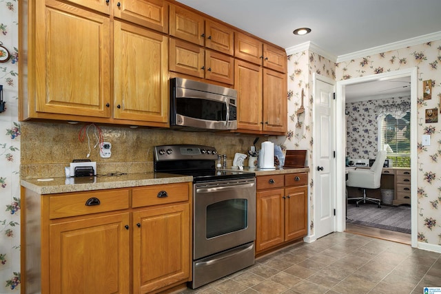 kitchen featuring decorative backsplash, ornamental molding, appliances with stainless steel finishes, light stone counters, and dark hardwood / wood-style flooring