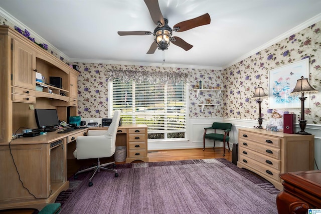 office area featuring ornamental molding, hardwood / wood-style floors, and ceiling fan