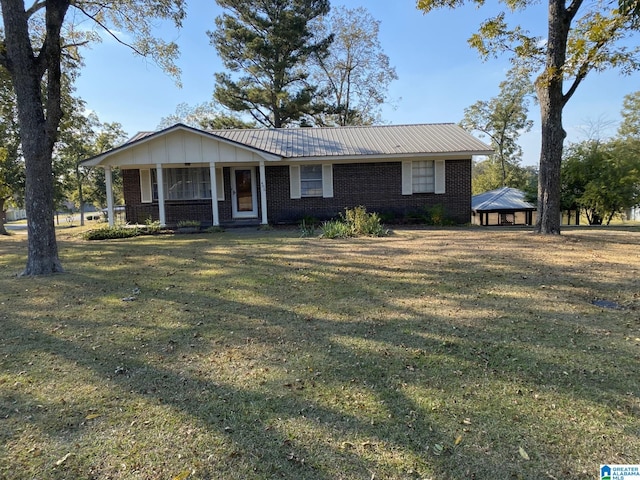 ranch-style house with a gazebo and a front lawn