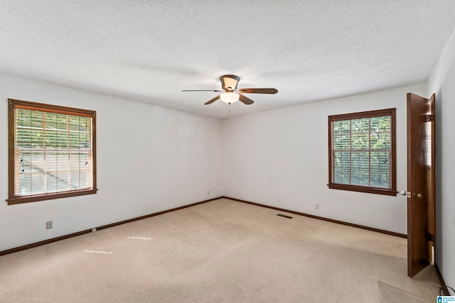 carpeted spare room with a textured ceiling, a healthy amount of sunlight, and ceiling fan