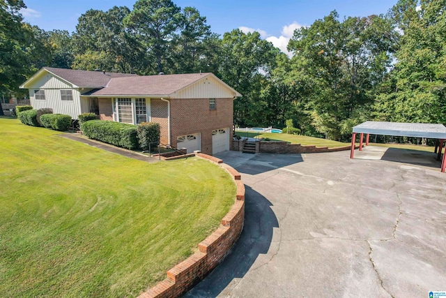 view of property exterior with a yard, a garage, and a carport