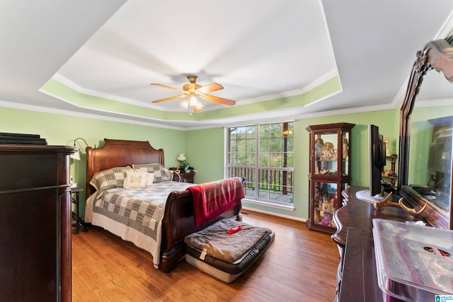 bedroom featuring hardwood / wood-style floors, a raised ceiling, and ceiling fan