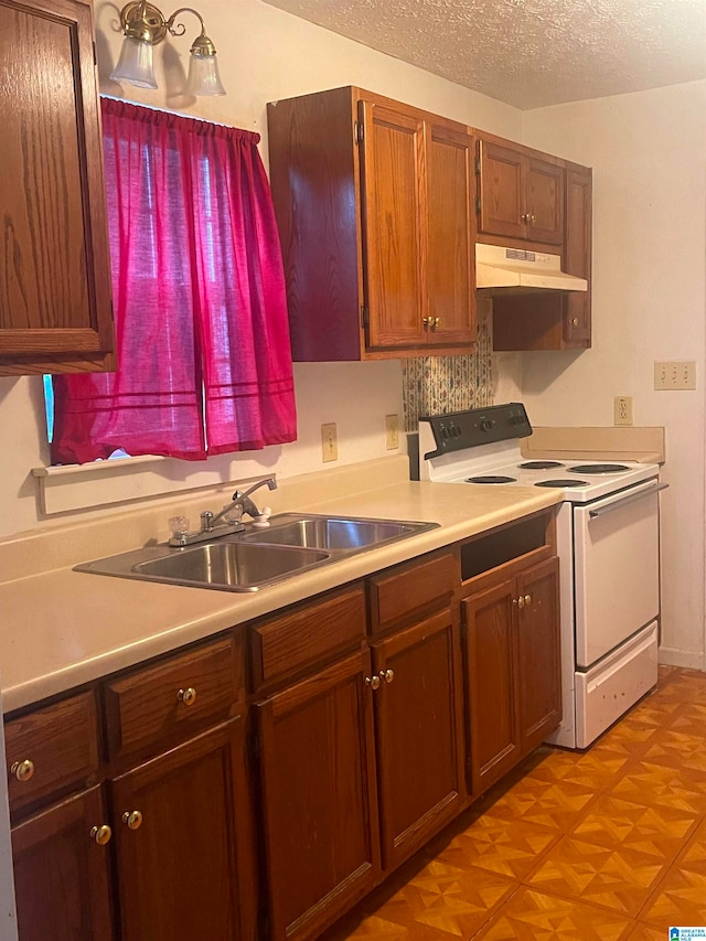 kitchen with white range with electric stovetop, a textured ceiling, light parquet floors, and sink