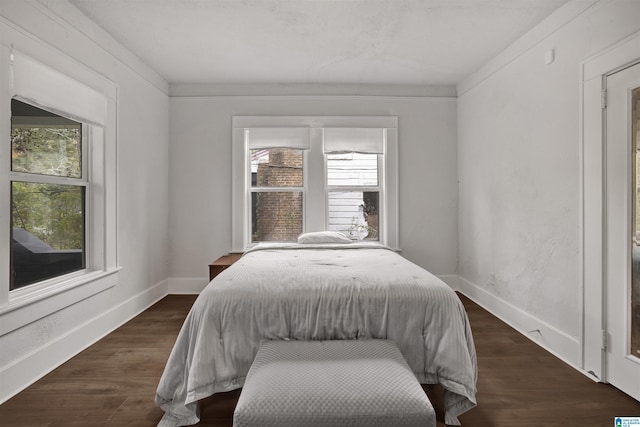 bedroom featuring baseboards and dark wood-style flooring