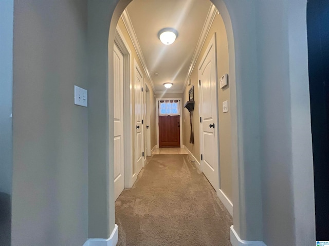 corridor with ornamental molding and light colored carpet