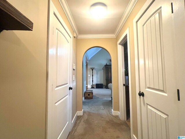 hall with ornamental molding and light colored carpet