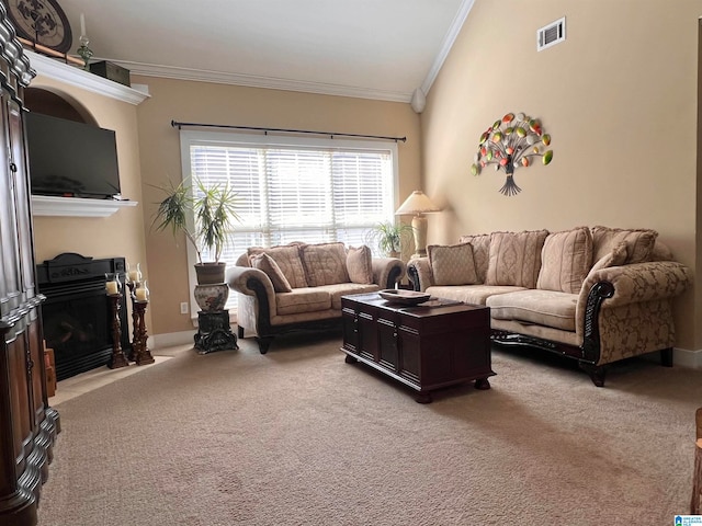 living room featuring crown molding, lofted ceiling, and light colored carpet