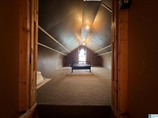 interior space featuring vaulted ceiling and carpet floors