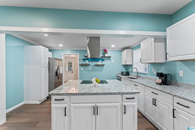 kitchen featuring island exhaust hood, white cabinets, stainless steel appliances, and dark hardwood / wood-style flooring