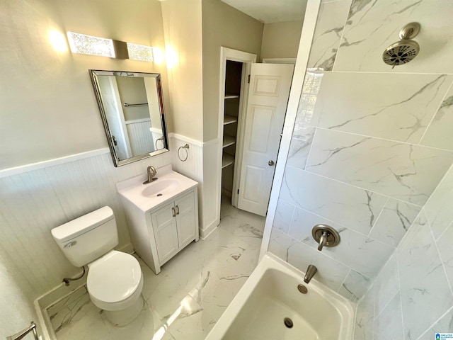 full bathroom featuring vanity, separate shower and tub, and toilet