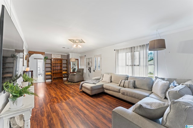 living room with dark hardwood / wood-style flooring and ornamental molding