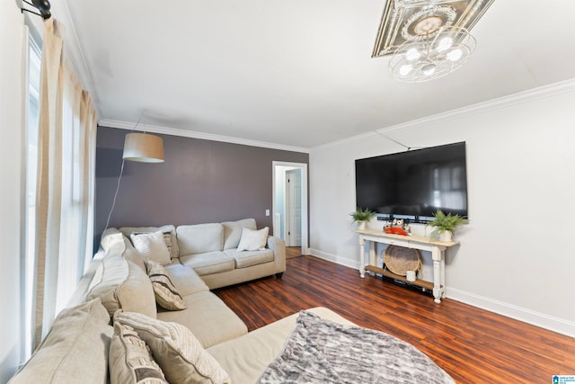 living room with ornamental molding and dark hardwood / wood-style flooring