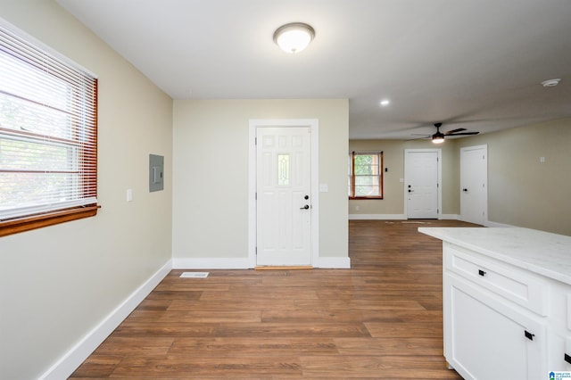 foyer with electric panel, ceiling fan, and dark hardwood / wood-style flooring