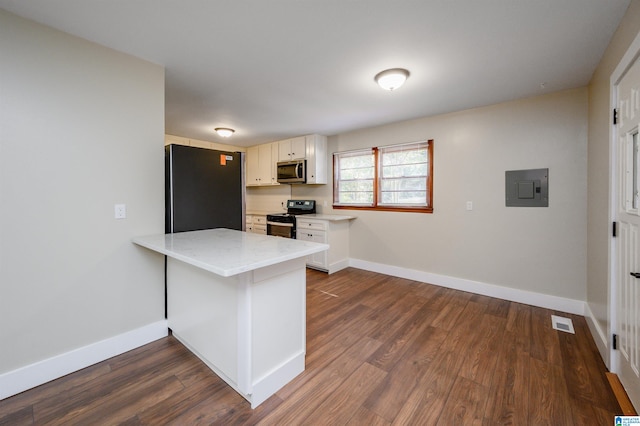 kitchen featuring kitchen peninsula, black appliances, electric panel, white cabinets, and dark hardwood / wood-style flooring