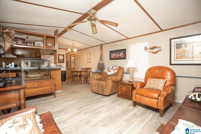 living room featuring light hardwood / wood-style floors, lofted ceiling, and ceiling fan