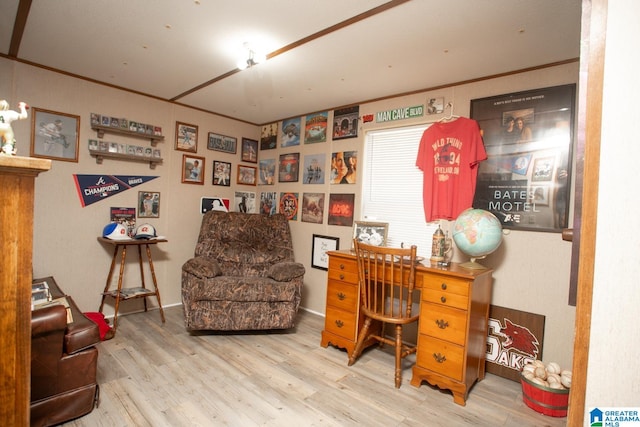 office space featuring crown molding and hardwood / wood-style flooring